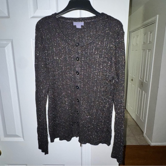LAURA SCOTT Women's Large Black Metallic Sparkle Cardigan Sweater V-Neck Button - Picture 2 of 16